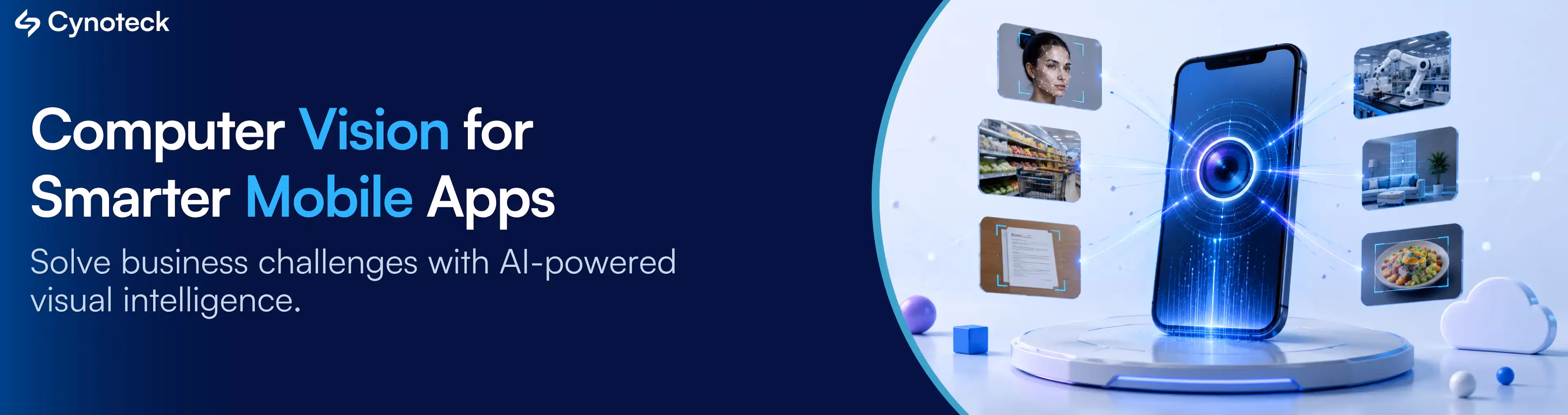 AI-powered computer vision in mobile apps illustration featuring a smartphone with an intelligent camera interface connected to real-world business use cases.